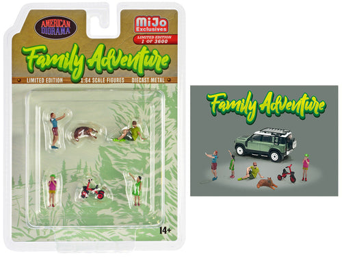 "Family Adventure" 6 piece Diecast Figure Set (4 Figures 1 Dog 1 Tricycle) Limited Edition to 3600 pieces Worldwide 1/64 Scale Models by American Diorama-0