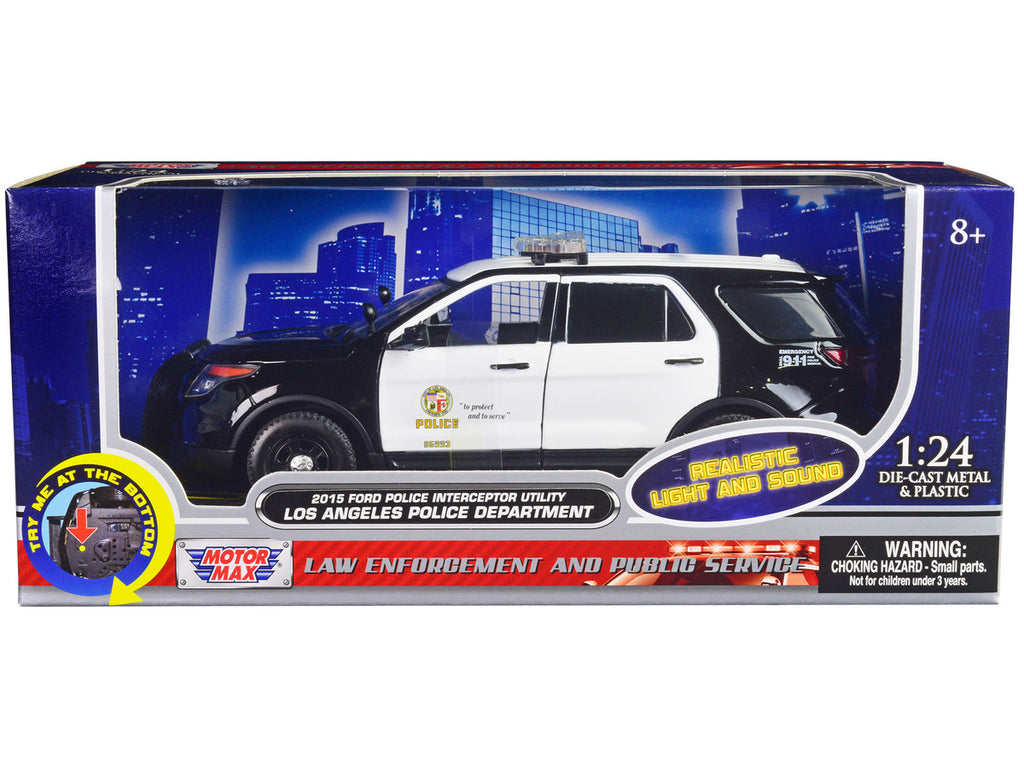2015 Ford Police Interceptor Utility Black and White "Los Angeles Police Department (LAPD)" with Flashing Light Bar and Front and Rear Lights and Sounds 1/24 Diecast Model Car by Motormax-2