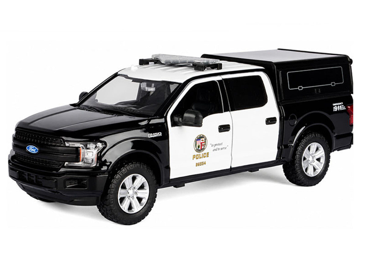 2019 Ford F-150 Lariat Crew Cab Pickup Truck with Camper "Los Angeles Police Department" Black and White "Law Enforcement and Public Service" Series 1/24-1/27 Diecast Model Car by Motormax-0