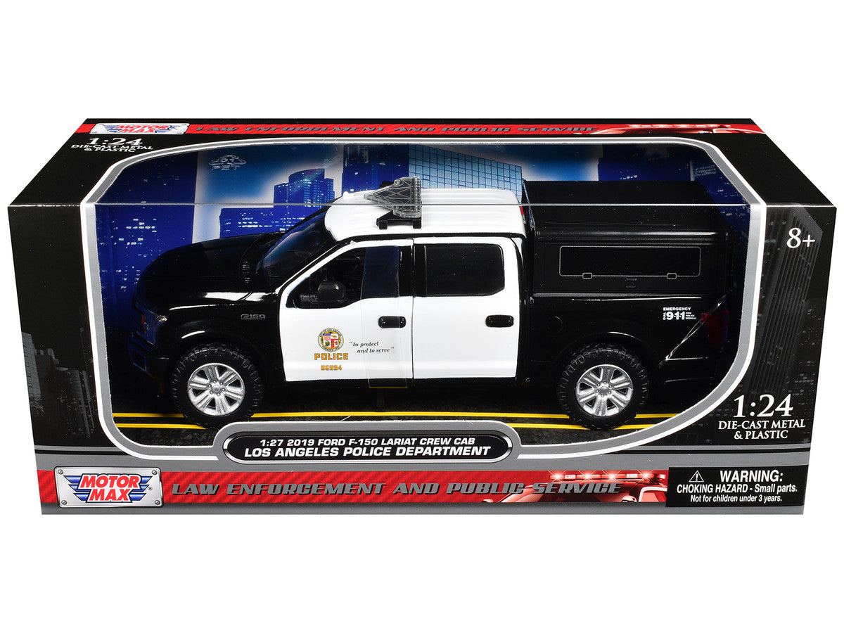 2019 Ford F-150 Lariat Crew Cab Pickup Truck with Camper "Los Angeles Police Department" Black and White "Law Enforcement and Public Service" Series 1/24-1/27 Diecast Model Car by Motormax-1