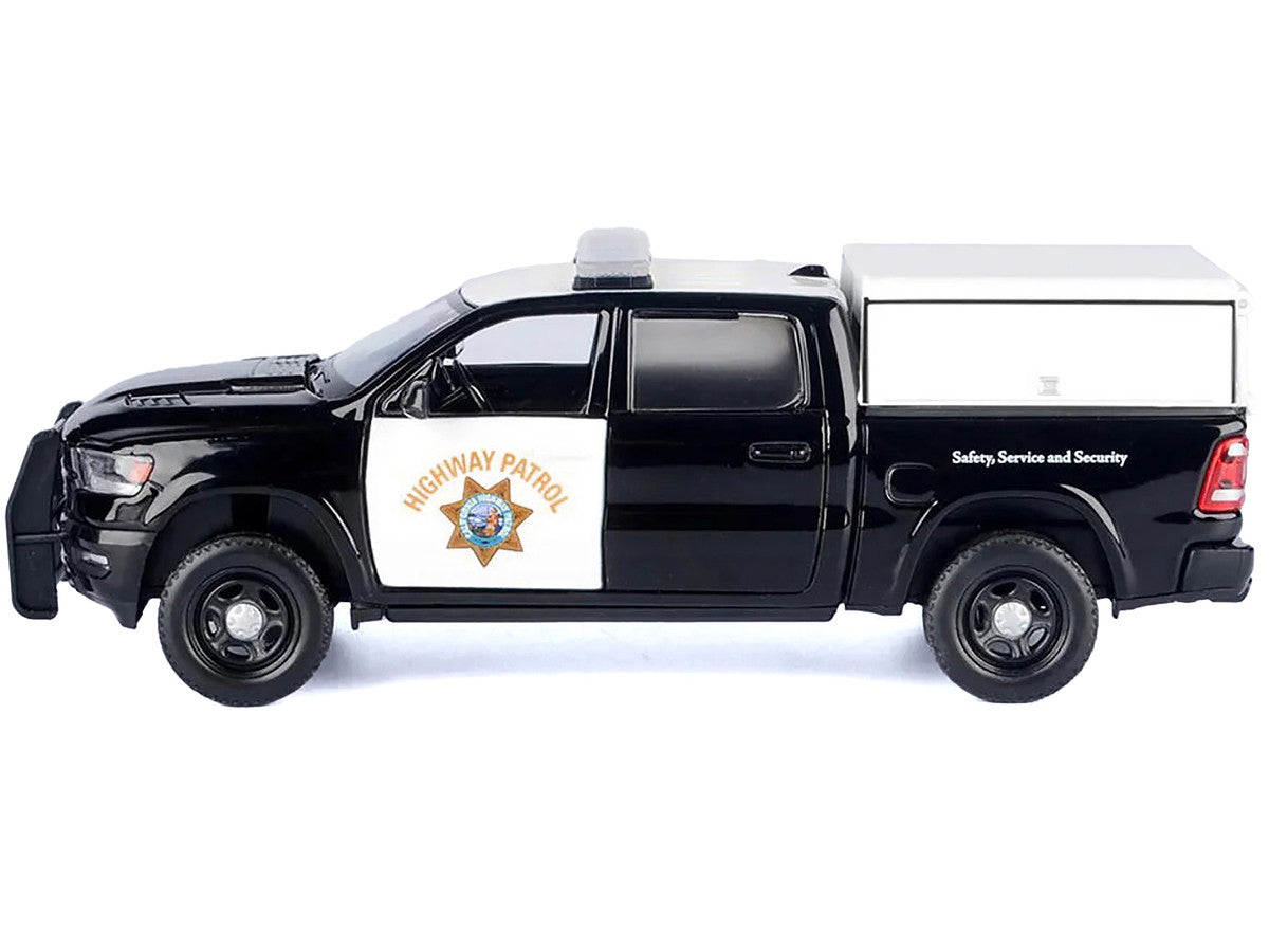 2019 RAM 1500 Laramine Crew Cab Pickup Truck "California Highway Patrol" Black and White with Truck Bed Camper "Law Enforcement and Public Service" Series 1/24-1/27 Diecast Model Car by Motormax-1