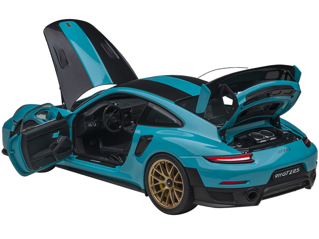 Porsche 911 (991.2) GT2 RS Weissach Package Miami Blue with Carbon Stripes 1/18 Model Car by Autoart-1