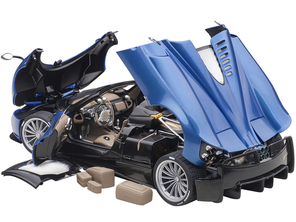 Pagani Huayra Roadster Blue Tricolore Carbon Fiber with Black Top with Luggage Set 1/18 Model Car by Autoart-1