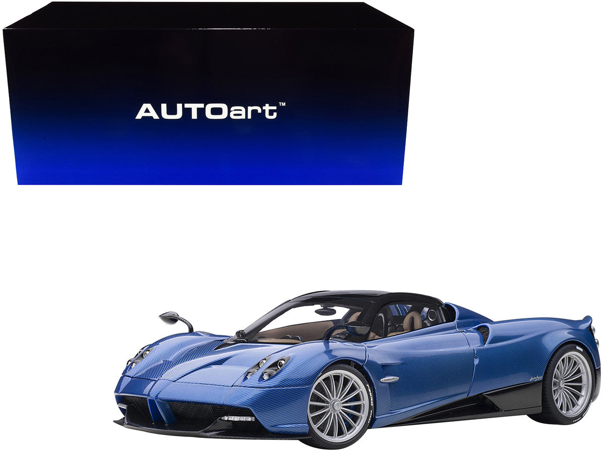 Pagani Huayra Roadster Blue Tricolore Carbon Fiber with Black Top with Luggage Set 1/18 Model Car by Autoart-0