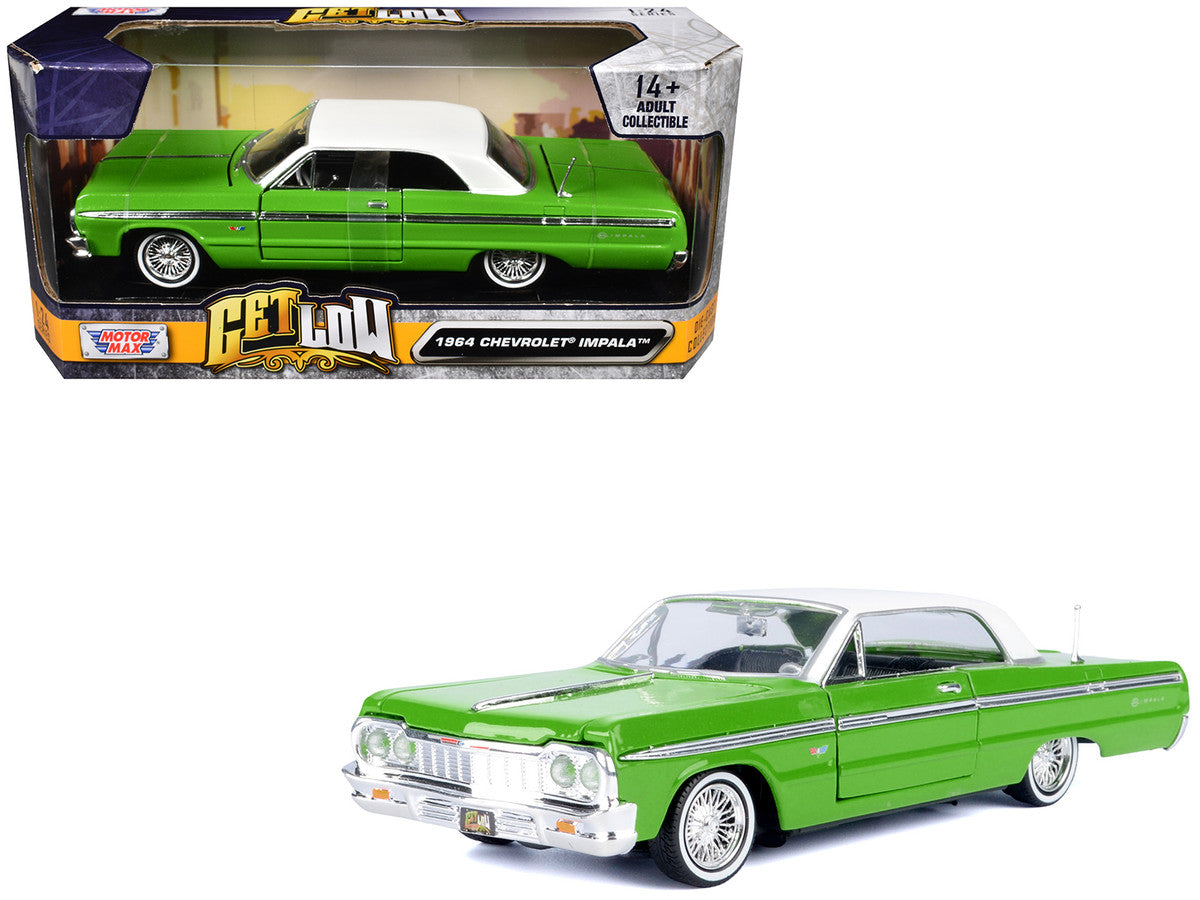 1964 Chevrolet Impala Lowrider Hard Top Green with White Top "Get Low" Series 1/24 Diecast Model Car by Motormax-2