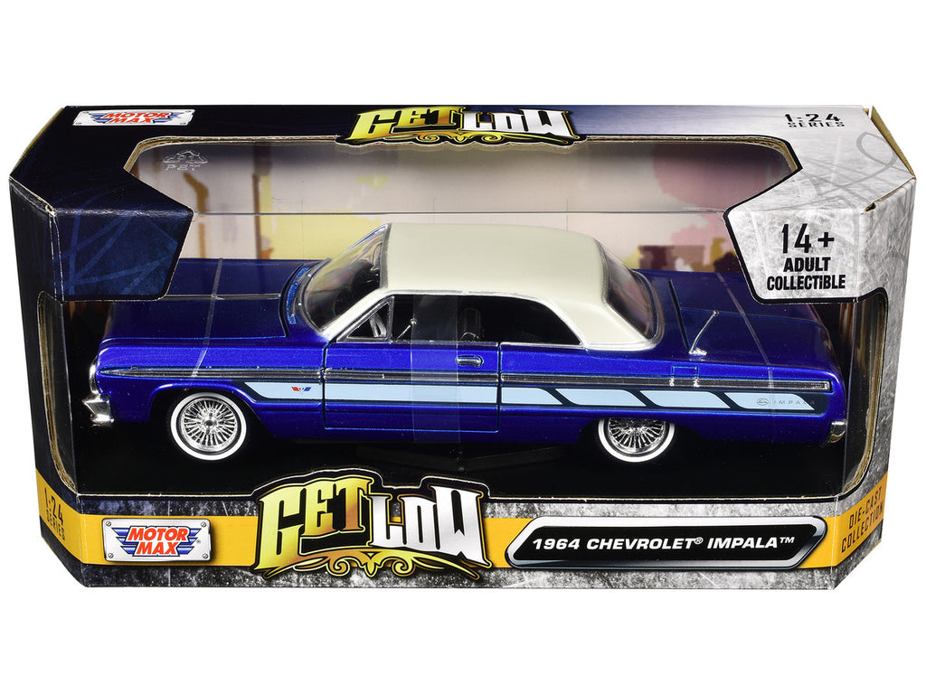 1964 Chevrolet Impala Lowrider Hard Top Candy Blue Metallic with Cream Top "Get Low" Series 1/24 Diecast Model Car by Motormax-1