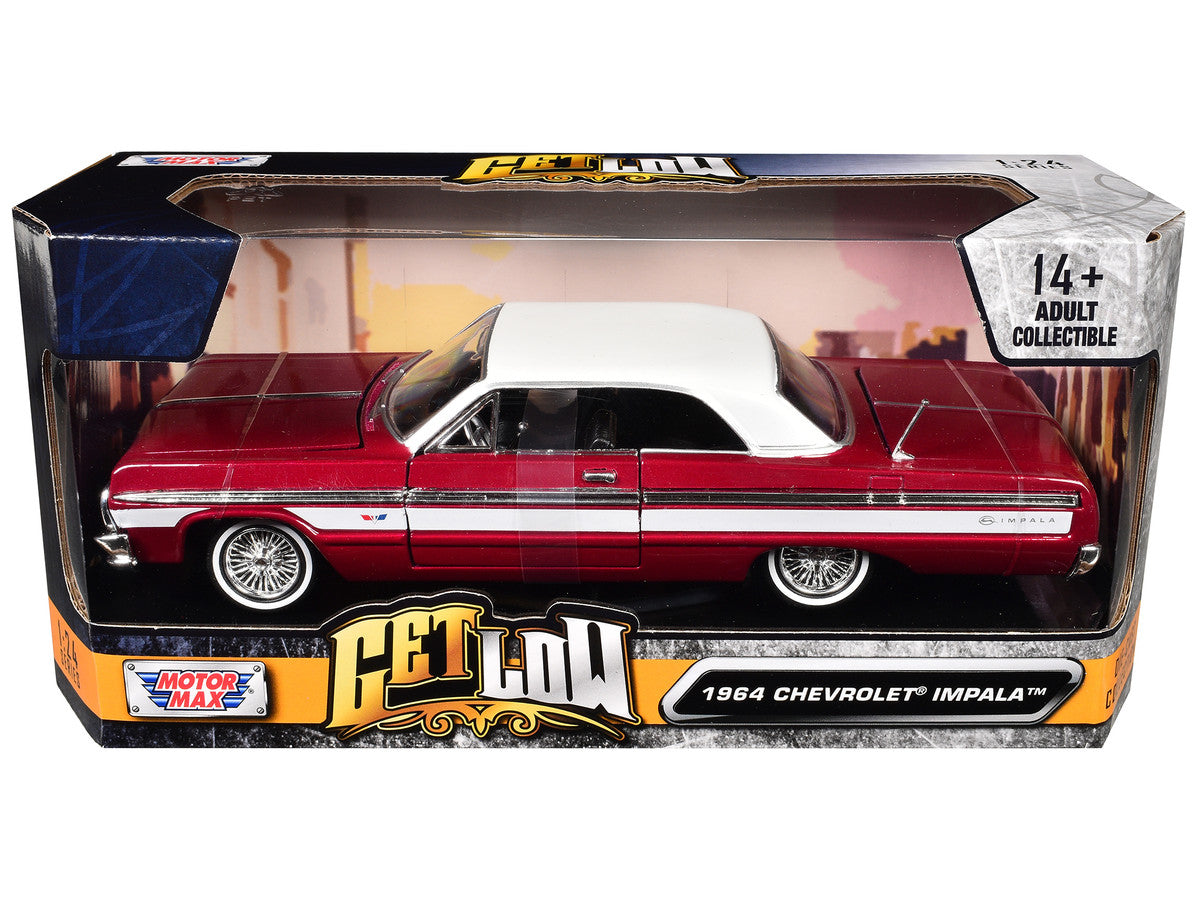 1964 Chevrolet Impala Lowrider Hard Top Candy Red Metallic with White Top "Get Low" Series 1/24 Diecast Model Car by Motormax-2