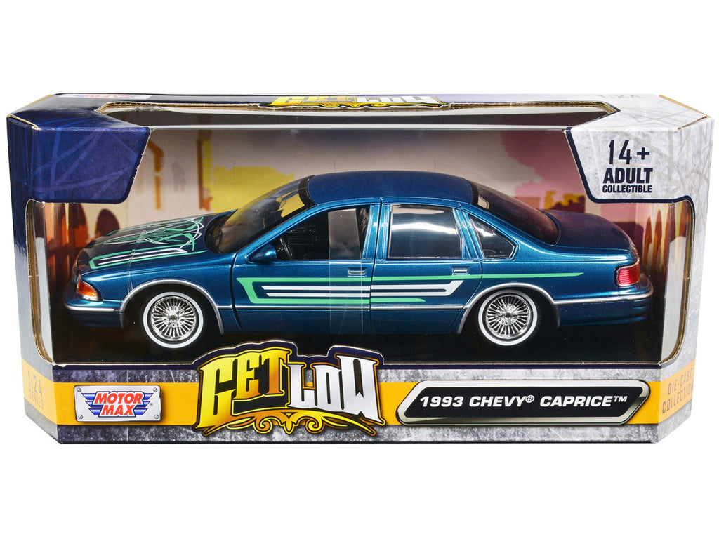 1993 Chevrolet Caprice Lowrider Blue Metallic with Graphics "Get Low" Series 1/24 Diecast Model Car by Motormax-2