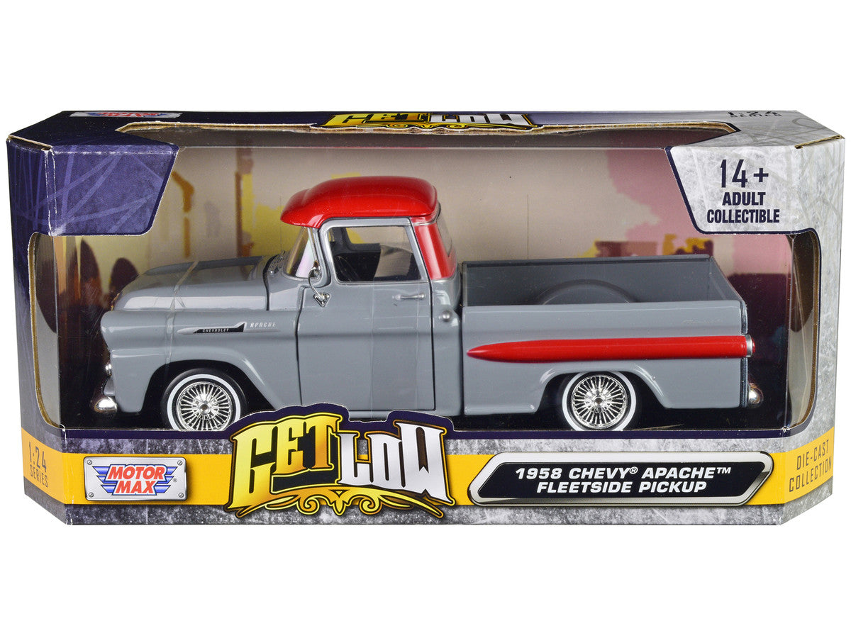 1958 Chevrolet Apache Fleetside Pickup Truck Lowrider Gray with Red Top "Get Low" Series 1/24 Diecast Model Car by Motormax-0