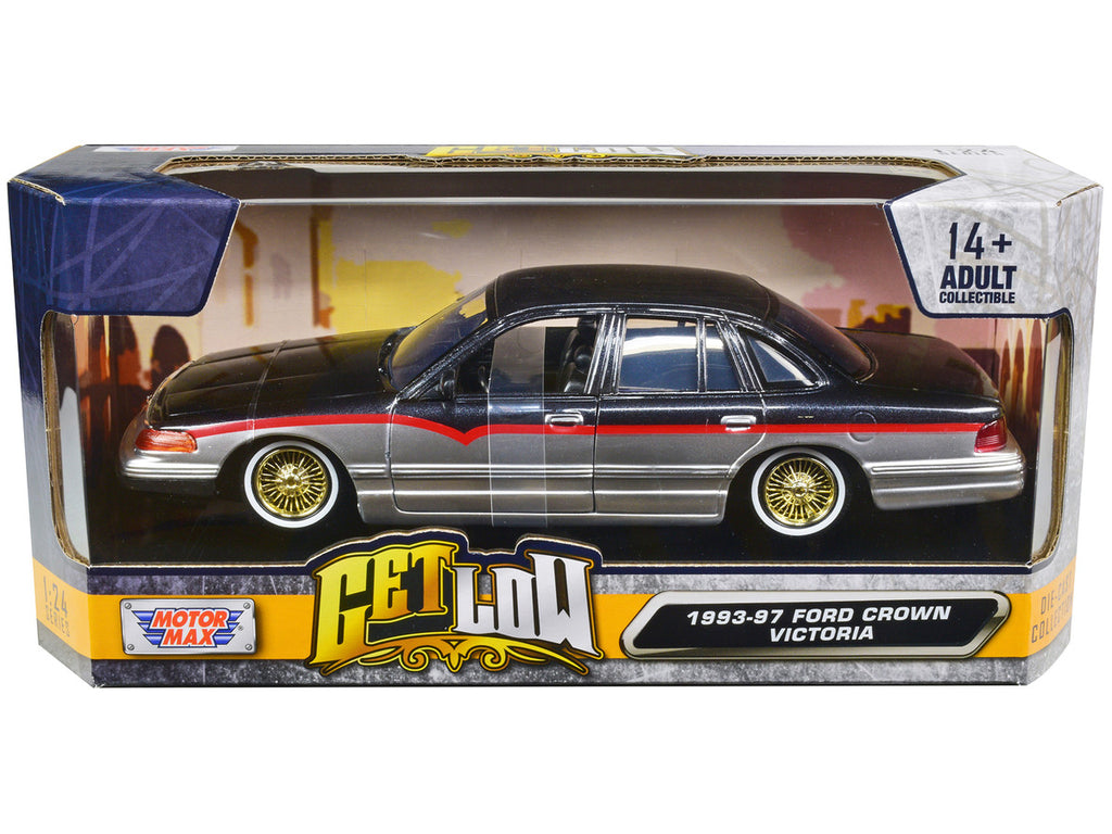 1993-1997 Ford Crown Victoria Lowrider Black Metallic and Silver with Red Stripes "Get Low" Series 1/24 Diecast Model Car by Motormax-0