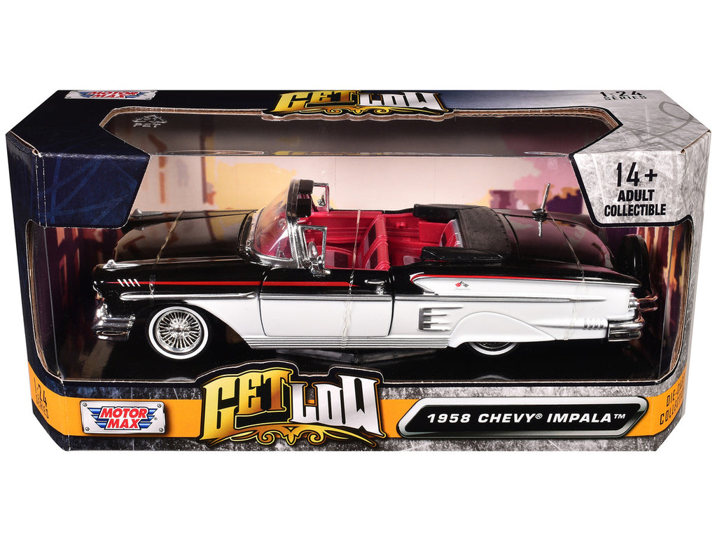 1958 Chevrolet Impala Convertible Lowrider Black and White with Red Interior "Get Low" Series 1/24 Diecast Model Car by Motormax-2