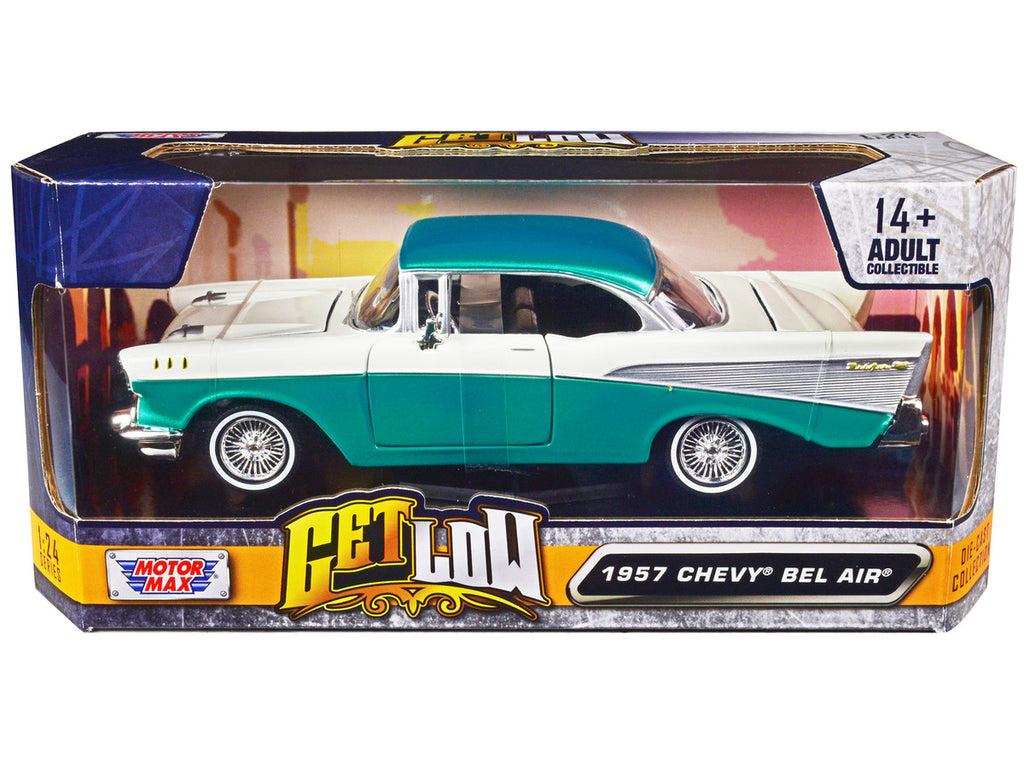 1957 Chevrolet Bel Air Lowrider Turquoise Metallic and White "Get Low" Series 1/24 Diecast Model Car by Motormax-2