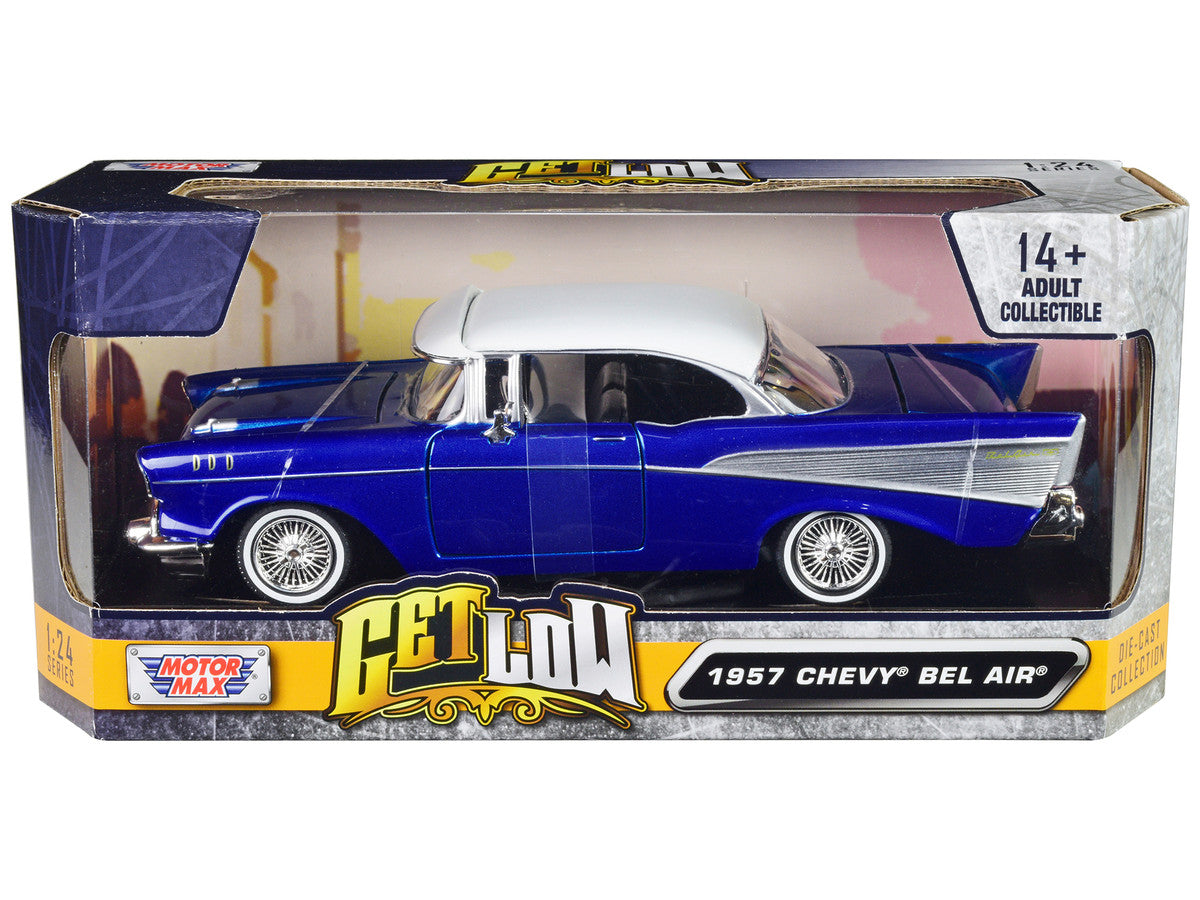 1957 Chevrolet Bel Air Lowrider Candy Blue with White Top "Get Low" Series 1/24 Diecast Model Car by Motormax-0