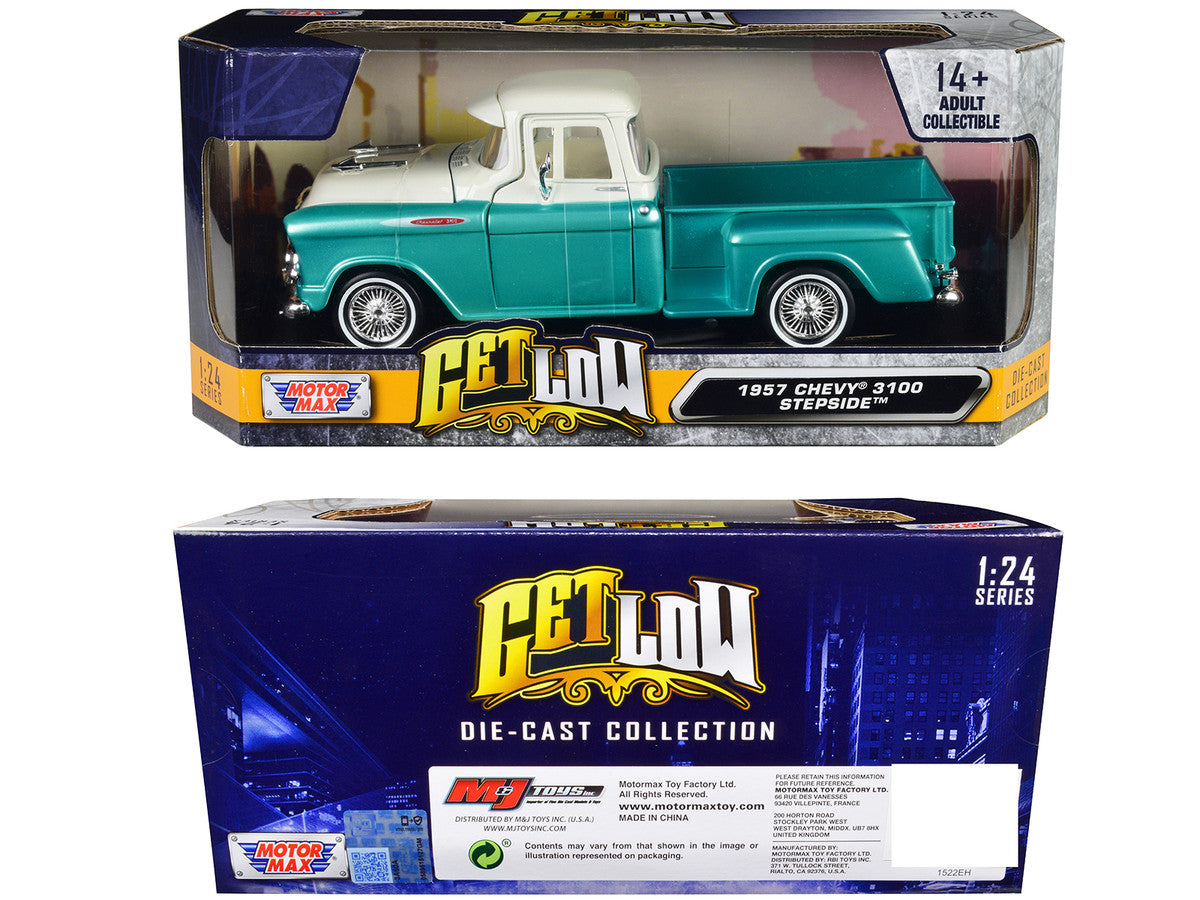 1957 Chevrolet 3100 Stepside Pickup Truck Lowrider Turquoise Metallic and White with White Interior "Get Low" Series 1/24 Diecast Model Car by Motormax-2