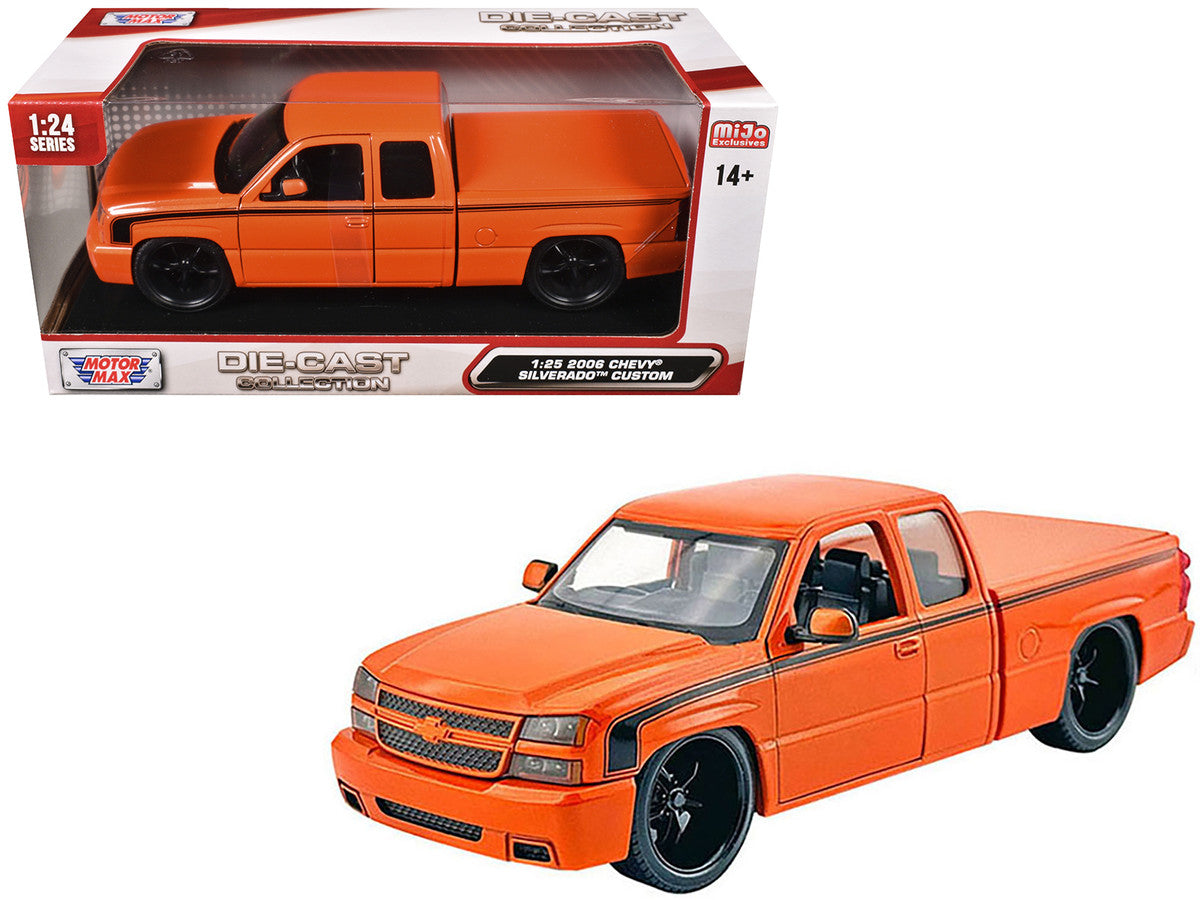 2006 Chevrolet Silverado Custom Pickup Truck Orange Metallic with Black Stripes "Die-Cast Collection" Series 1/25 Diecast Model Car by Motormax-0