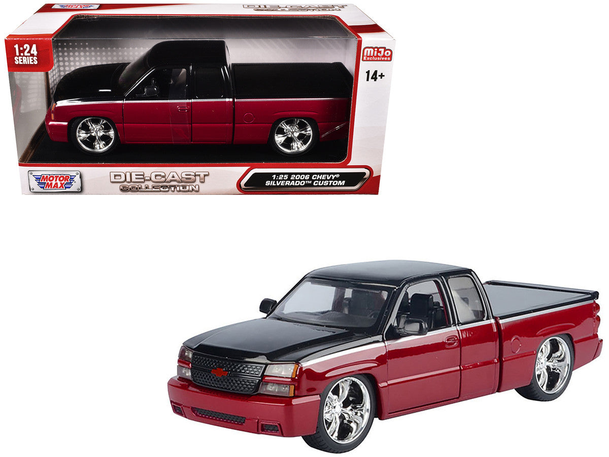 2006 Chevrolet Silverado Custom Pickup Truck Red Metallic and Black with Silver Stripes "Die-Cast Collection" Series 1/25 Diecast Model Car by Motormax-0