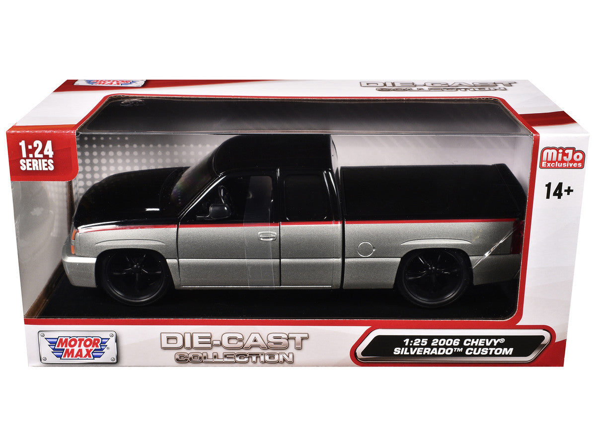 2006 Chevrolet Silverado Custom Pickup Truck Silver Metallic and Black with Red Stripes "Die-Cast Collection" Series 1/25 Diecast Model Car by Motormax-2