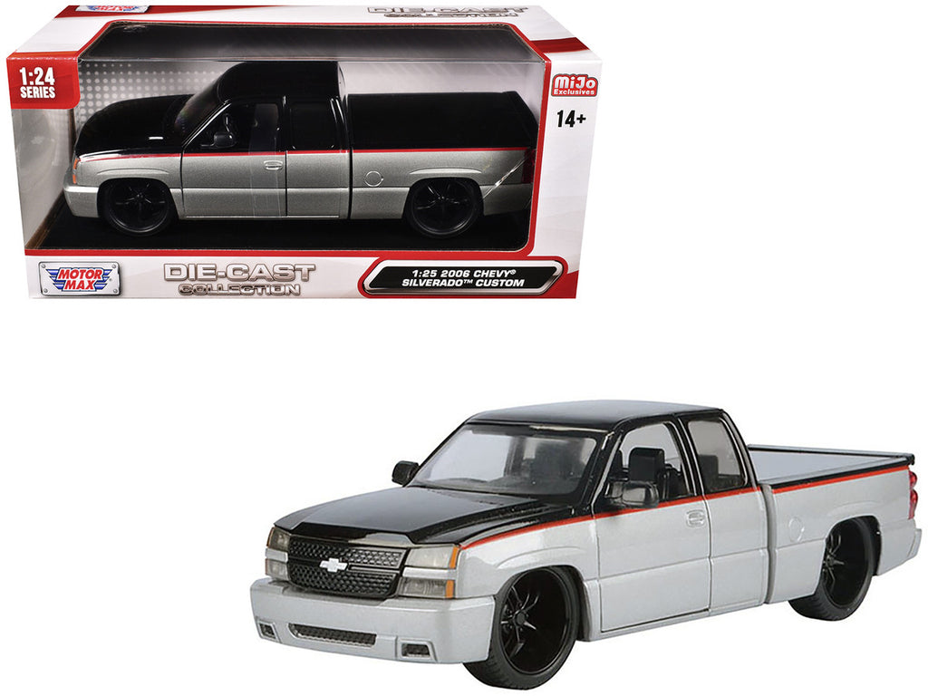2006 Chevrolet Silverado Custom Pickup Truck Silver Metallic and Black with Red Stripes "Die-Cast Collection" Series 1/25 Diecast Model Car by Motormax-0