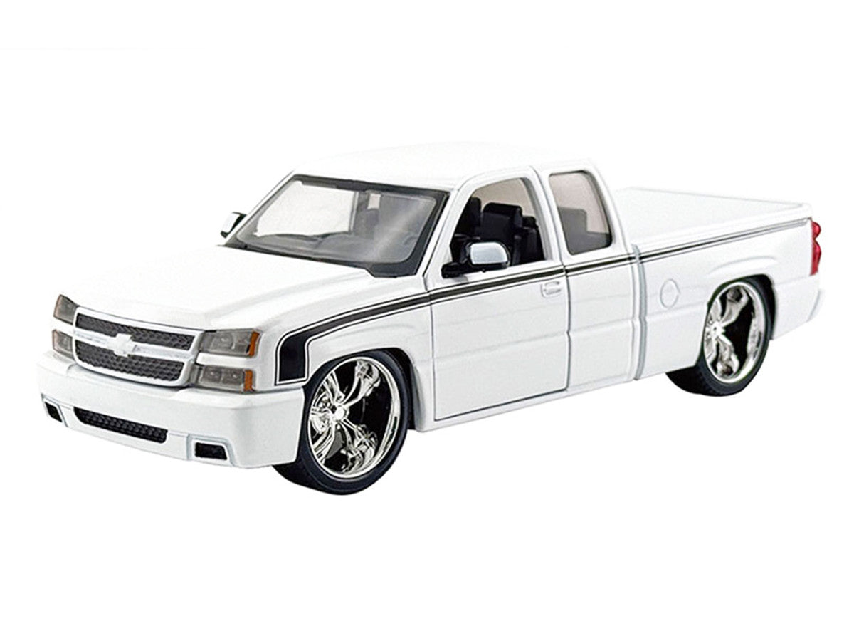 2006 Chevrolet Silverado Custom Pickup Truck White with Black Stripes "Die-Cast Collection" Series 1/25 Diecast Model Car by Motormax-0