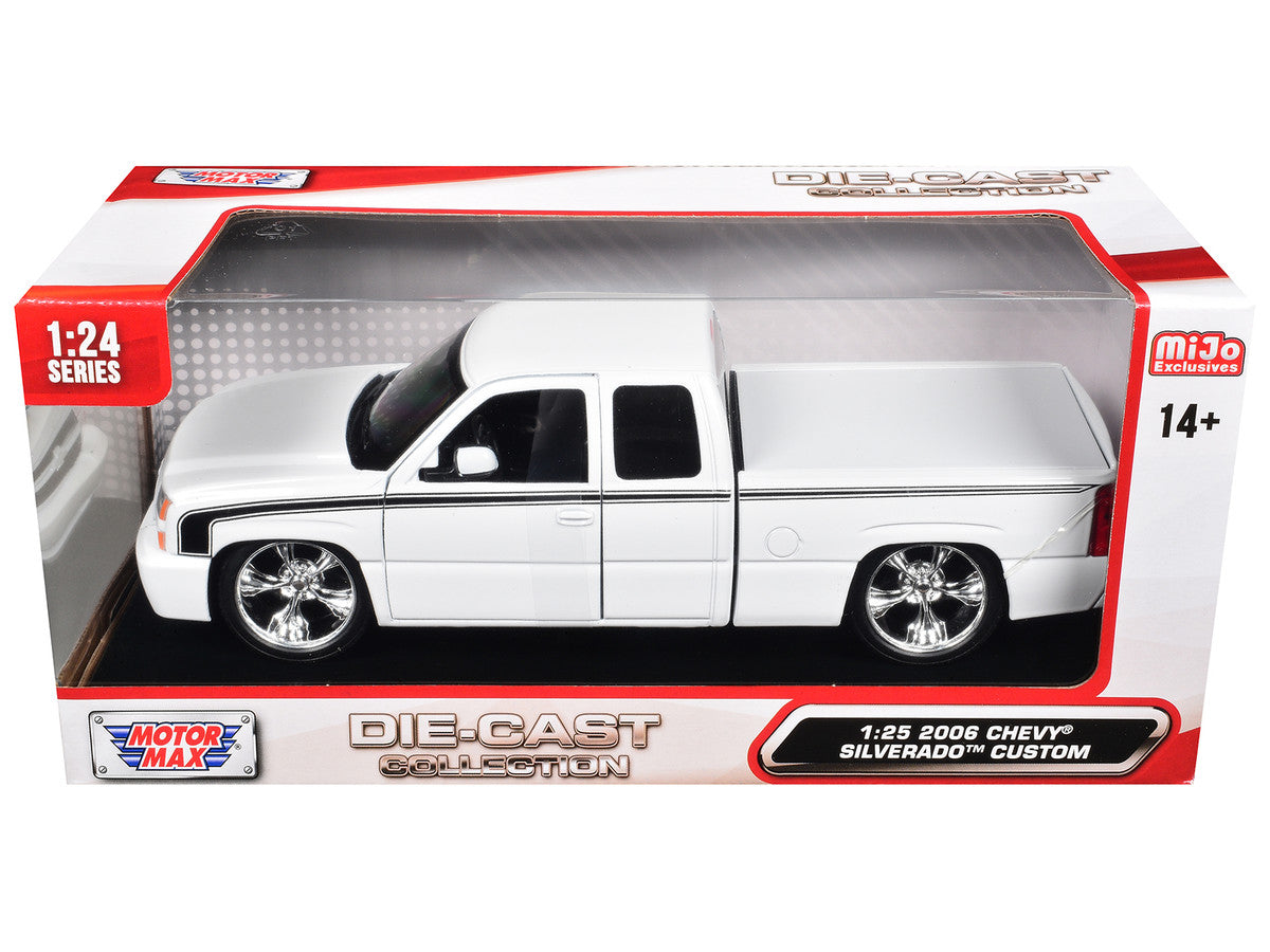 2006 Chevrolet Silverado Custom Pickup Truck White with Black Stripes "Die-Cast Collection" Series 1/25 Diecast Model Car by Motormax-1