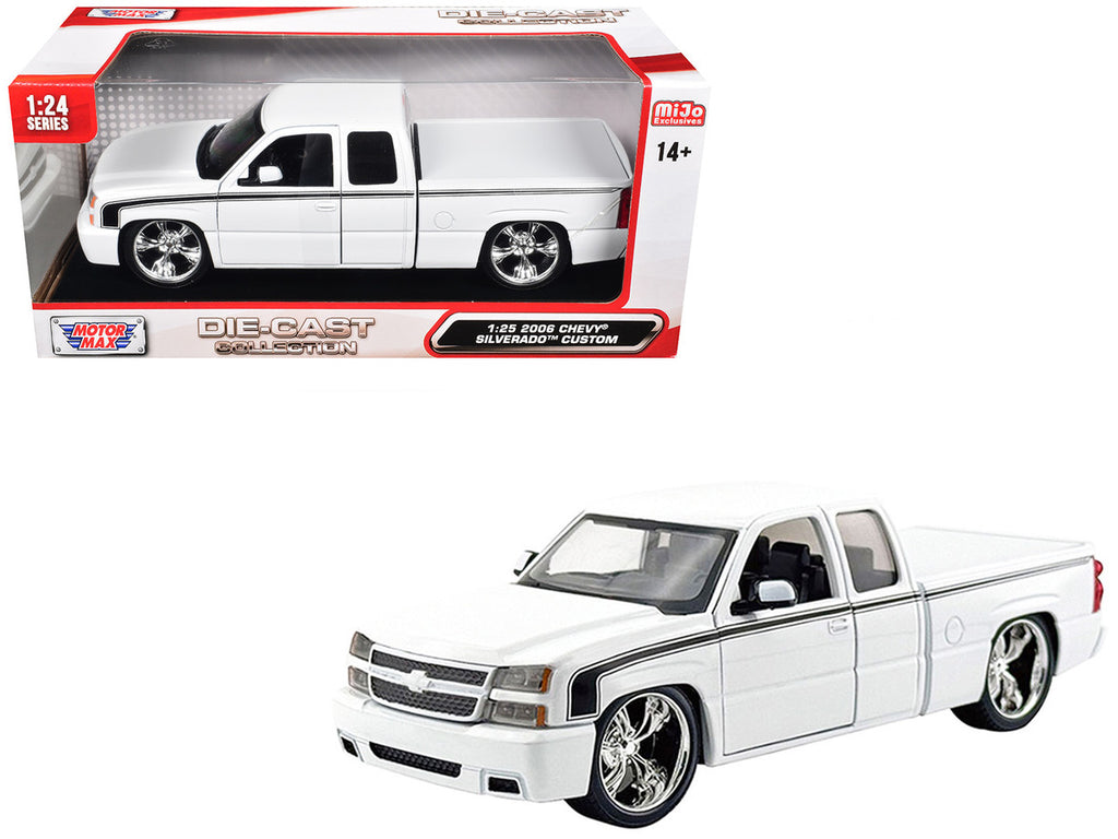 2006 Chevrolet Silverado Custom Pickup Truck White with Black Stripes "Die-Cast Collection" Series 1/25 Diecast Model Car by Motormax-2
