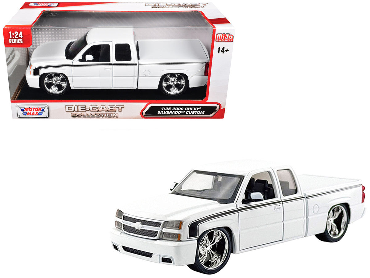 2006 Chevrolet Silverado Custom Pickup Truck White with Black Stripes "Die-Cast Collection" Series 1/25 Diecast Model Car by Motormax-2