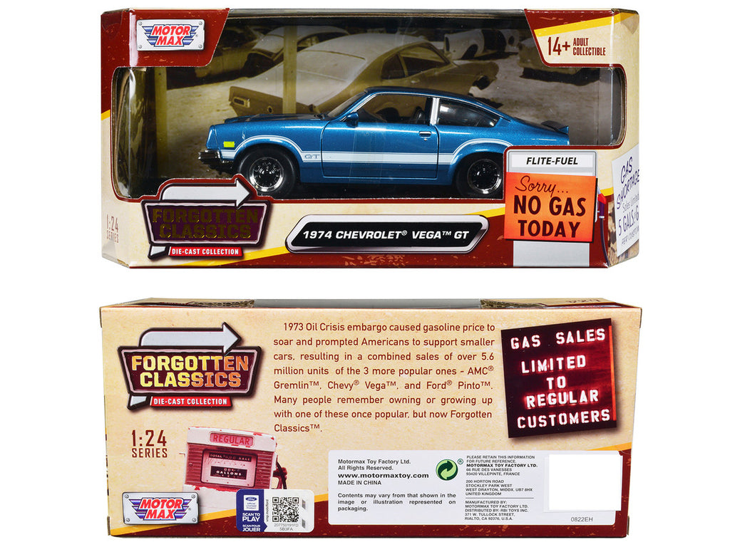 1974 Chevrolet Vega GT Blue Metallic with White Stripes "Forgotten Classics" Series 1/24 Diecast Model Car by Motormax-1