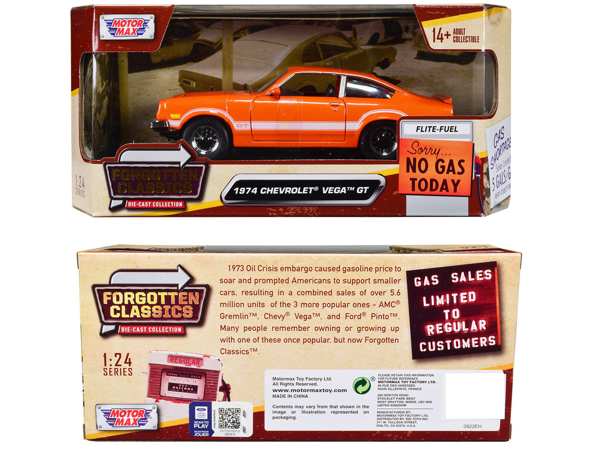 1974 Chevrolet Vega GT Orange Metallic with White Stripes "Forgotten Classics" Series 1/24 Diecast Model Car by Motormax-2
