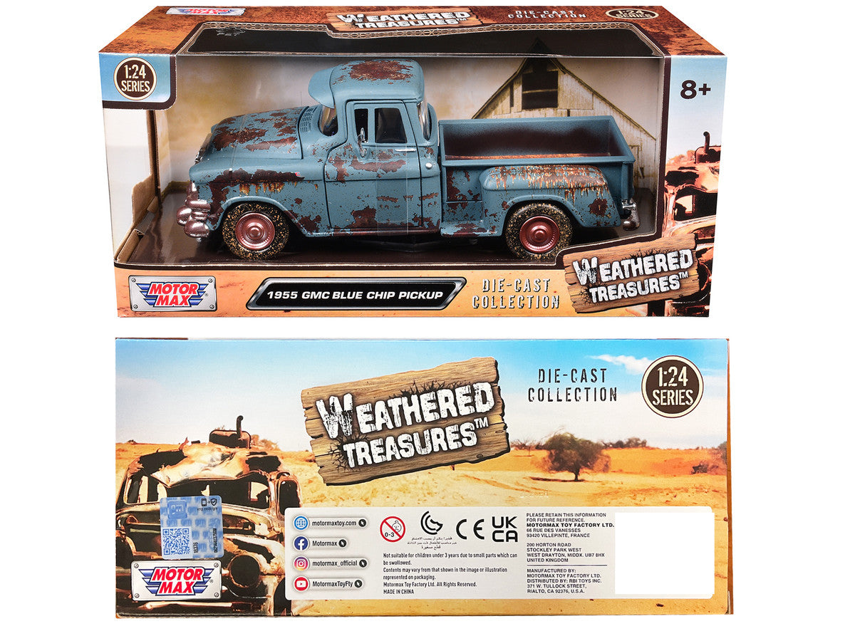 1955 GMC Blue Chip Pickup Truck Matt Blue (Rusted) "Weathered Treasures" Series 1/24 Diecast Model Car by Motormax-2