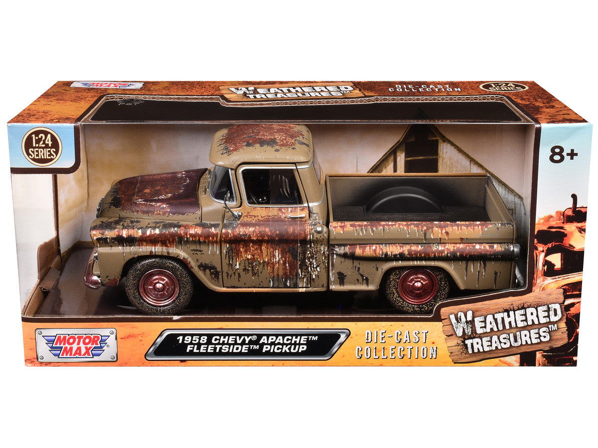 1958 Chevrolet Apache Fleetside Pickup Brown (Rusted) "Weathered Treasures" Series 1/24 Diecast Model Car by Motormax-2