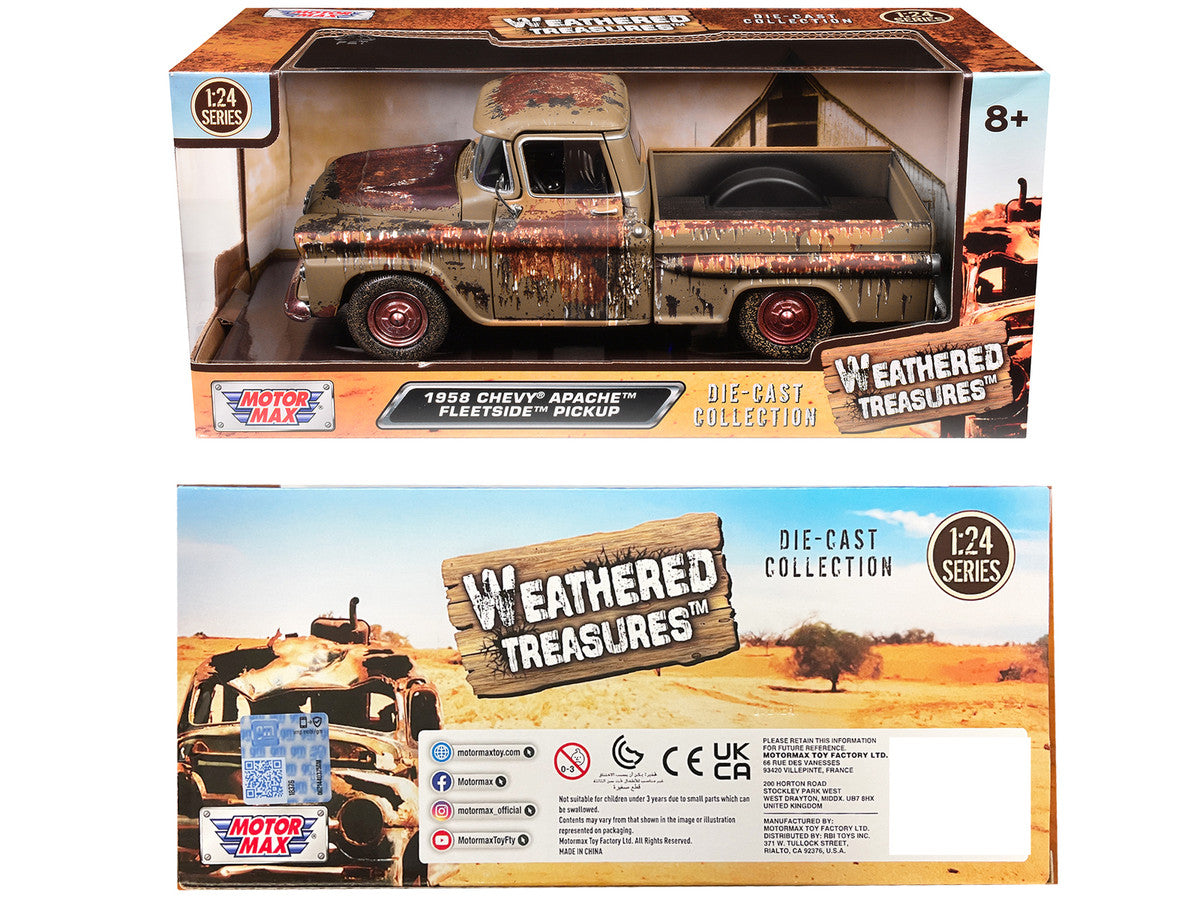 1958 Chevrolet Apache Fleetside Pickup Brown (Rusted) "Weathered Treasures" Series 1/24 Diecast Model Car by Motormax-1