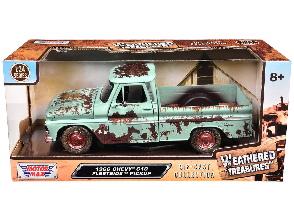 1966 Chevrolet C10 Fleetside Pickup Truck Light Green (Rusted) "Weathered Treasures" Series 1/24 Diecast Model Car by Motormax-0