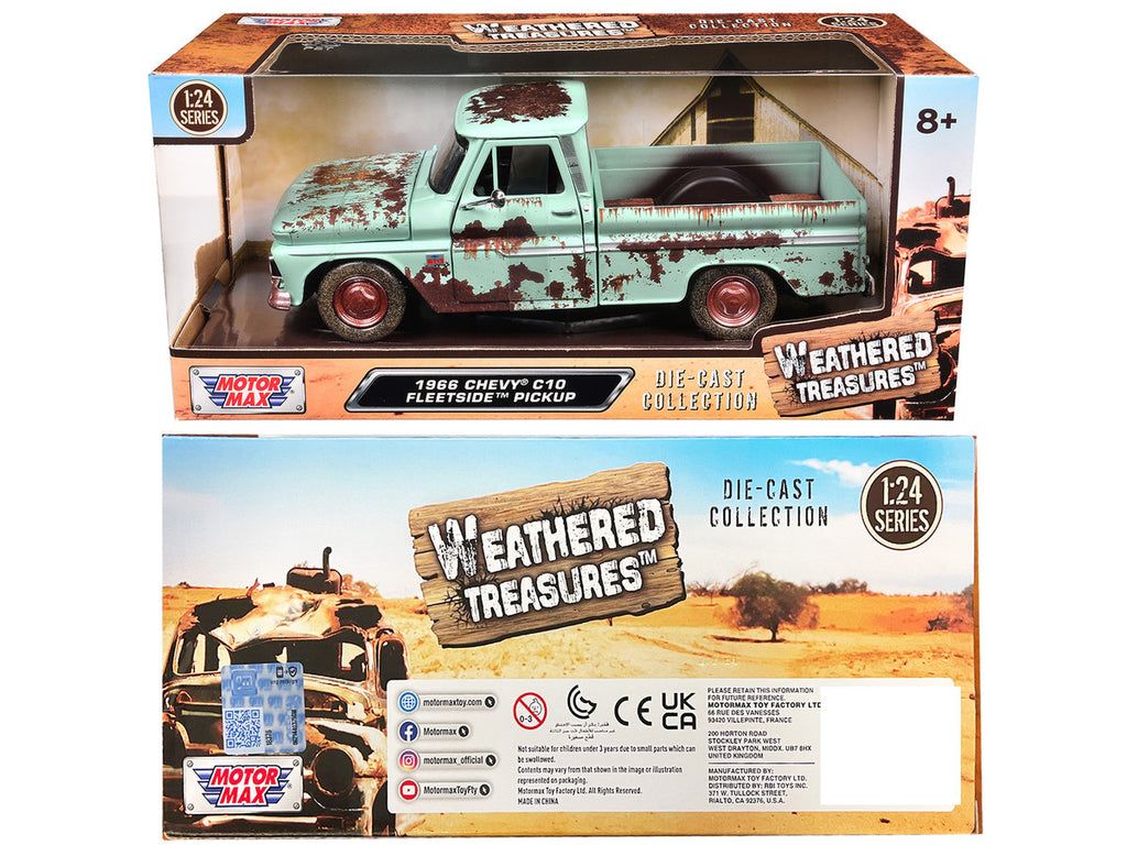 1966 Chevrolet C10 Fleetside Pickup Truck Light Green (Rusted) "Weathered Treasures" Series 1/24 Diecast Model Car by Motormax-2