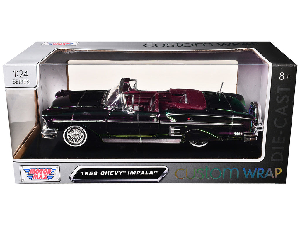 1958 Chevrolet Impala Green and Purple Chrome "Custom Wrap" Series 1/24 Diecast Model Car by Motormax-0