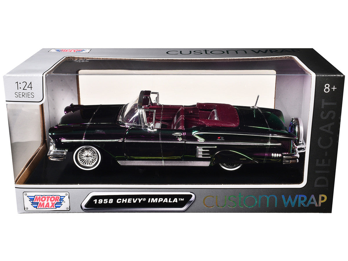 1958 Chevrolet Impala Green and Purple Chrome "Custom Wrap" Series 1/24 Diecast Model Car by Motormax-0