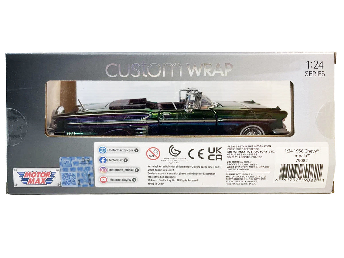 1958 Chevrolet Impala Green and Purple Chrome "Custom Wrap" Series 1/24 Diecast Model Car by Motormax-1