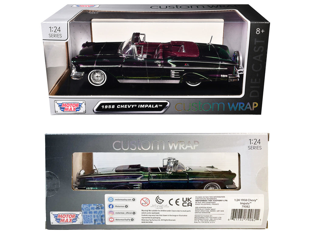 1958 Chevrolet Impala Green and Purple Chrome "Custom Wrap" Series 1/24 Diecast Model Car by Motormax-2