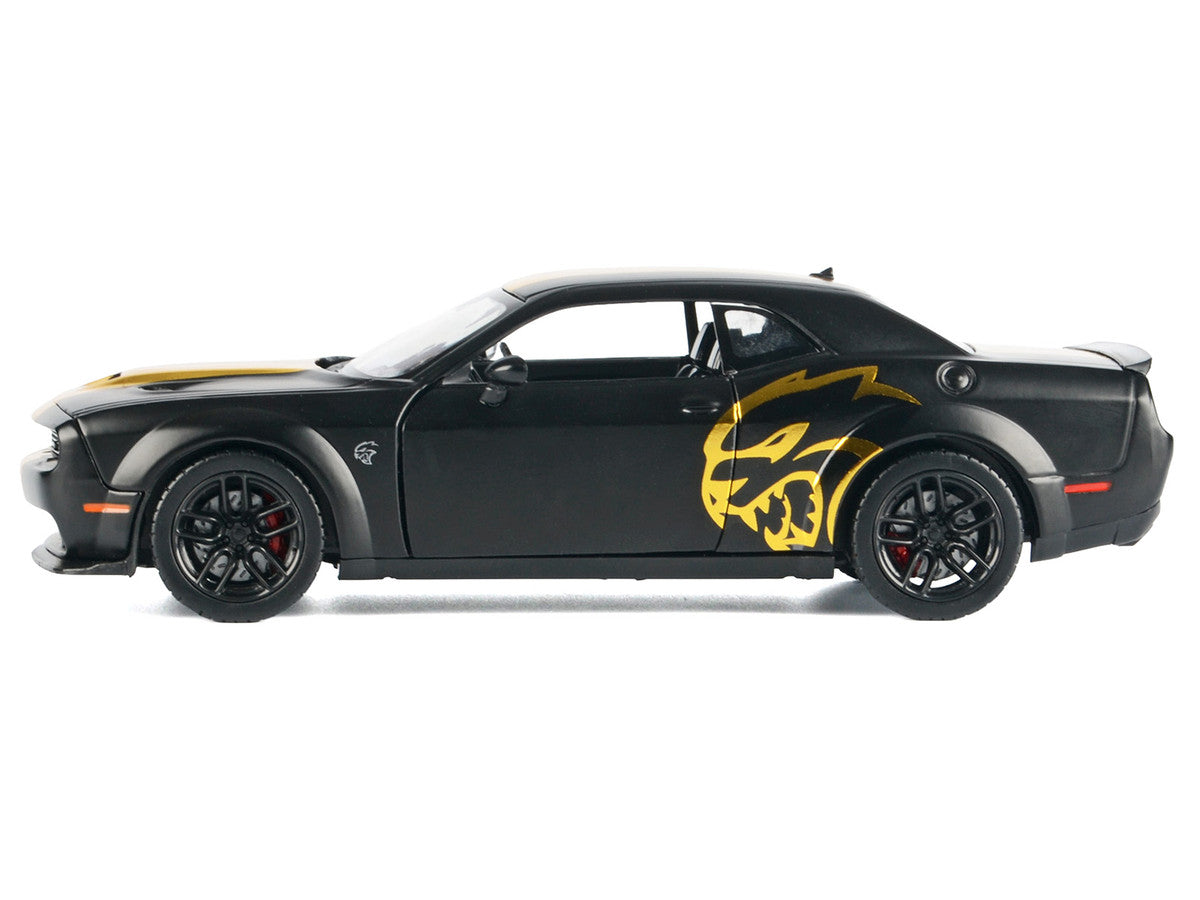 2018 Dodge Challenger SRT Hellcat Widebody Matt Black with Gold Stripes and Graphics "Midnight Eclipse" Series 1/24 Diecast Model Car by Motormax-1