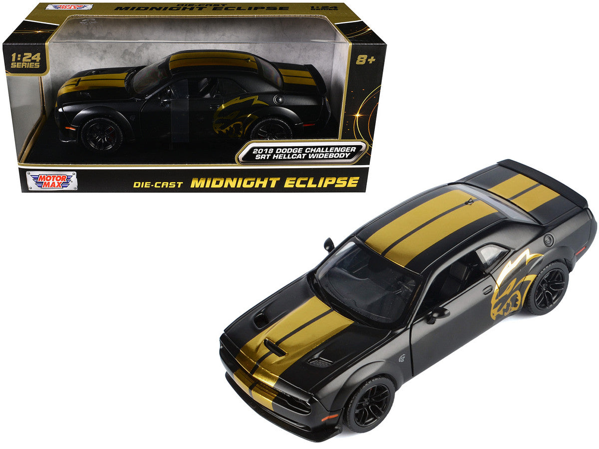 2018 Dodge Challenger SRT Hellcat Widebody Matt Black with Gold Stripes and Graphics "Midnight Eclipse" Series 1/24 Diecast Model Car by Motormax-4
