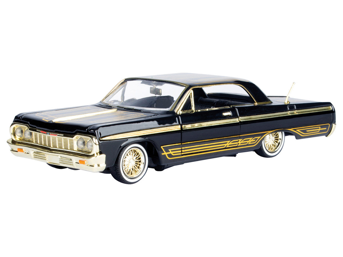 1964 Chevrolet Impala Lowrider Black with Gold Graphics and Wheels "Midnight Eclipse" Series 1/24 Diecast Model Car by Motormax-0