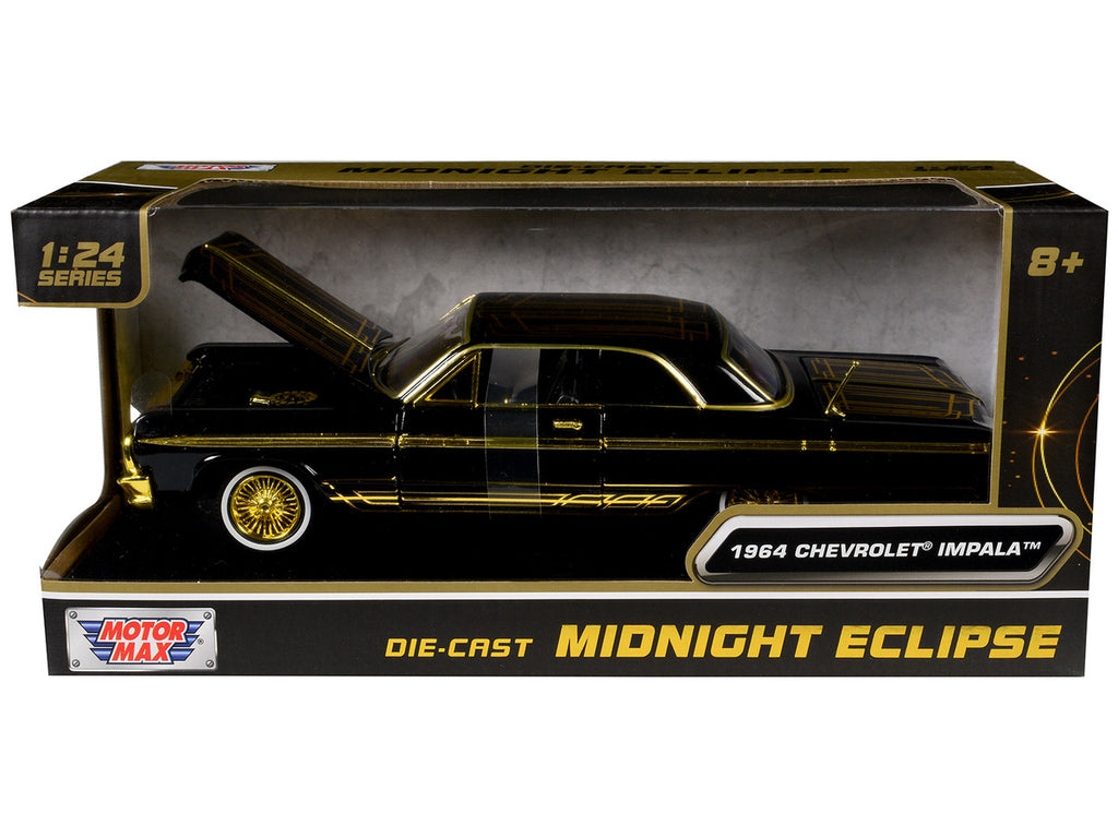 1964 Chevrolet Impala Lowrider Black with Gold Graphics and Wheels "Midnight Eclipse" Series 1/24 Diecast Model Car by Motormax-1