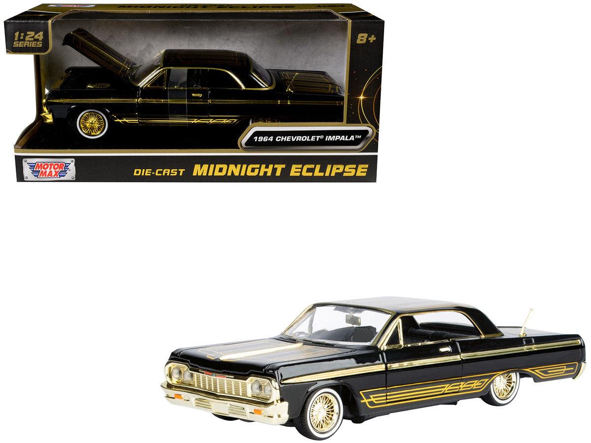 1964 Chevrolet Impala Lowrider Black with Gold Graphics and Wheels "Midnight Eclipse" Series 1/24 Diecast Model Car by Motormax-2