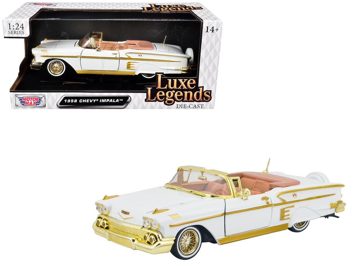 1958 Chevrolet Impala White Metallic with Gold Accents "Luxe Legends" Series 1/24 Diecast Model Car by Motormax-4