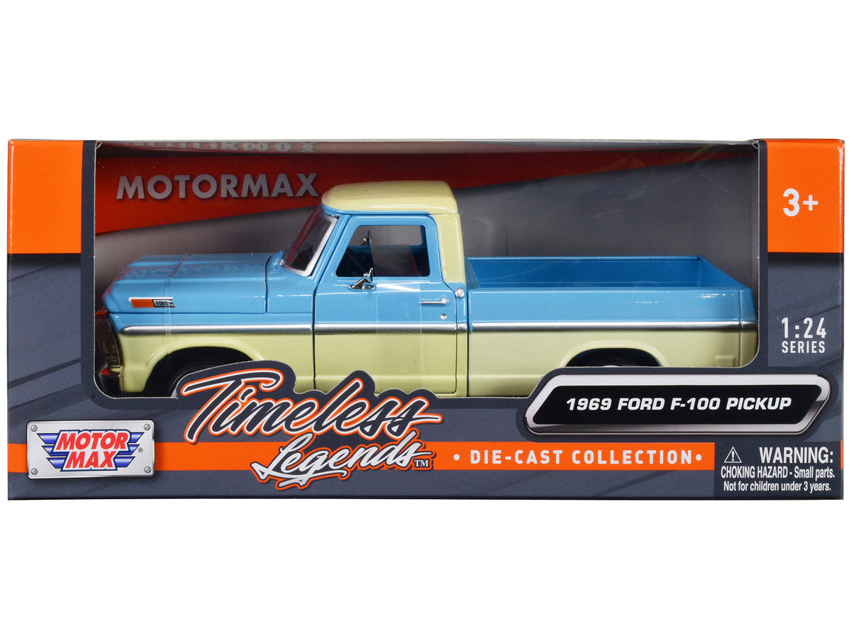 1969 Ford F-100 Pickup Truck Light Blue and Cream "Timeless Legends" Series 1/24 Diecast Model Car by Motormax-2
