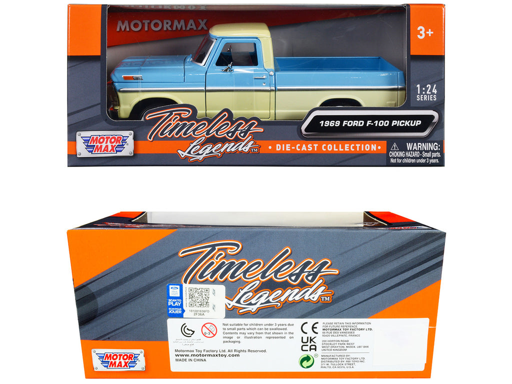 1969 Ford F-100 Pickup Truck Light Blue and Cream "Timeless Legends" Series 1/24 Diecast Model Car by Motormax-1