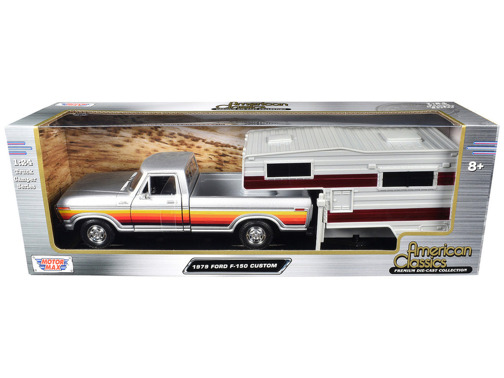 1979 Ford F-150 Custom Pickup Truck Silver Metallic with Side Stripes with Camper Shell "American Classics" Series 1/24 Diecast Model Car by Motormax-2