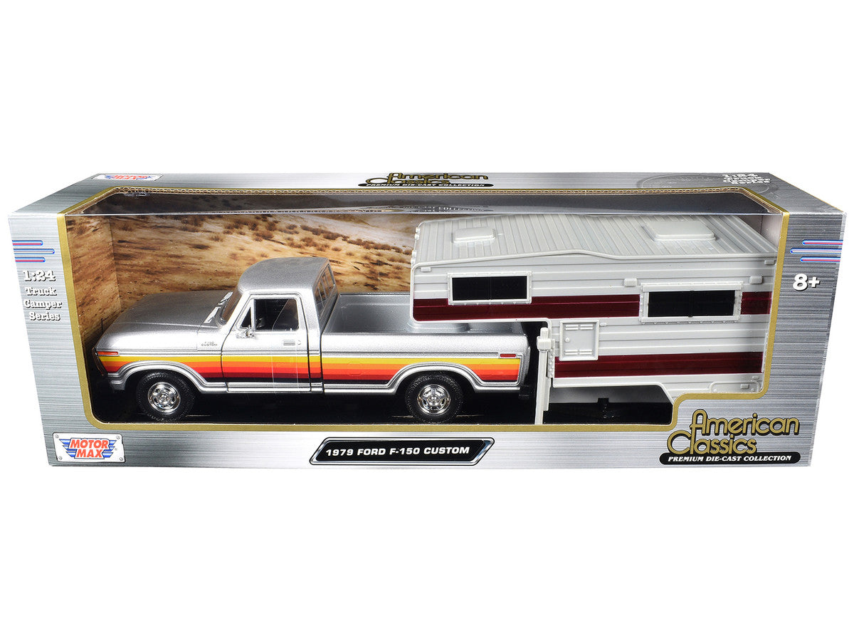 1979 Ford F-150 Custom Pickup Truck Silver Metallic with Side Stripes with Camper Shell "American Classics" Series 1/24 Diecast Model Car by Motormax-2