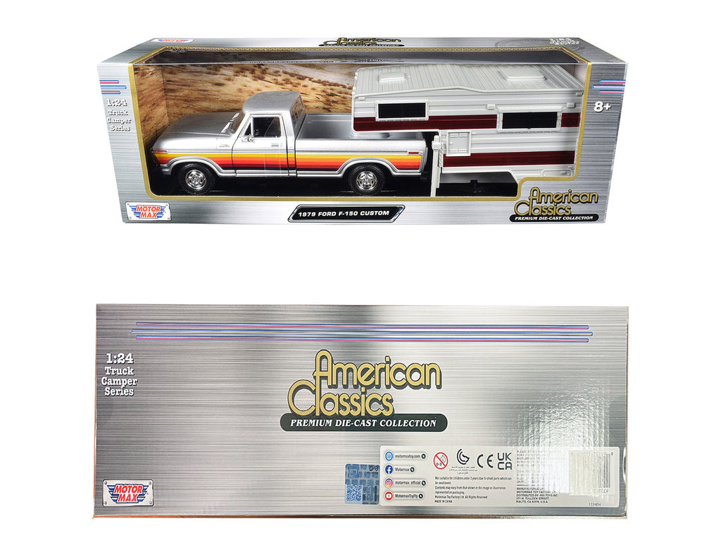 1979 Ford F-150 Custom Pickup Truck Silver Metallic with Side Stripes with Camper Shell "American Classics" Series 1/24 Diecast Model Car by Motormax-1