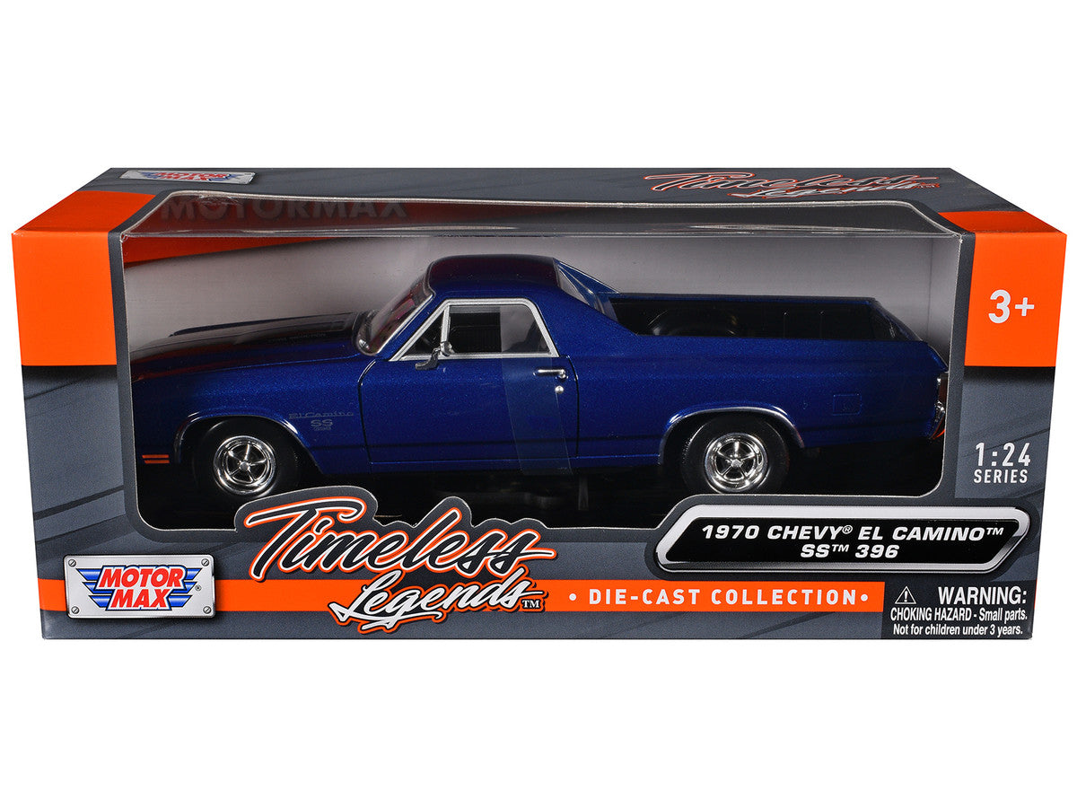 1970 Chevrolet El Camino SS 396 Dark Blue Metallic with Black Stripes 1/24 Diecast Model Car by Motormax-1
