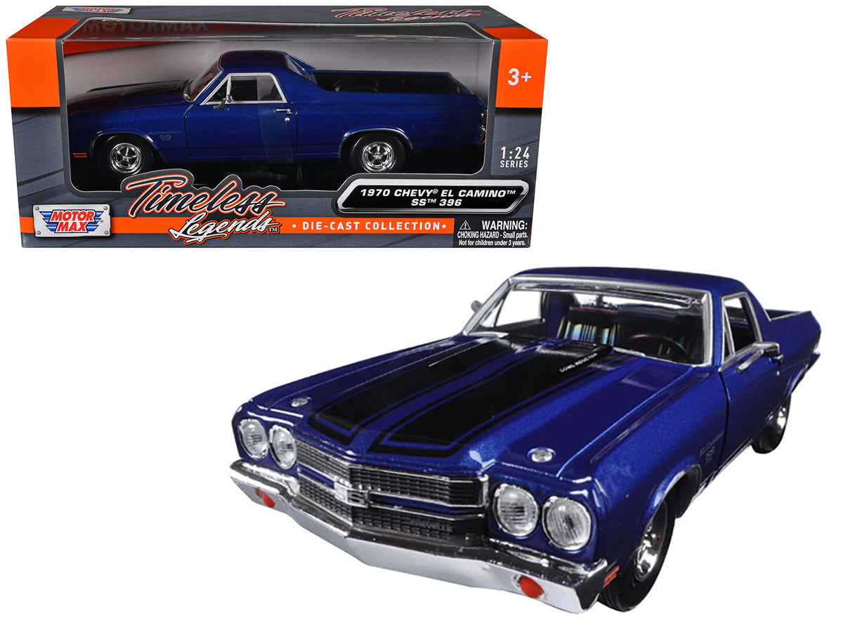 1970 Chevrolet El Camino SS 396 Dark Blue Metallic with Black Stripes 1/24 Diecast Model Car by Motormax-2